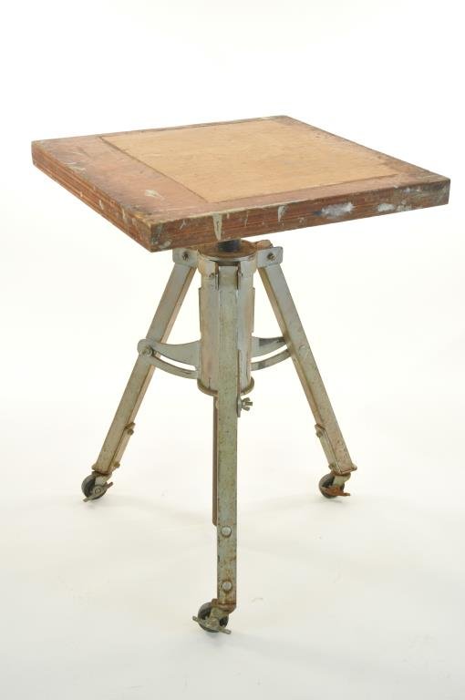 INDUSTRIAL WORK TABLE: Dimensions: H 35" x W 24" x D 24" Condition: used, paint specs to top, rust on base, age appropriate wear