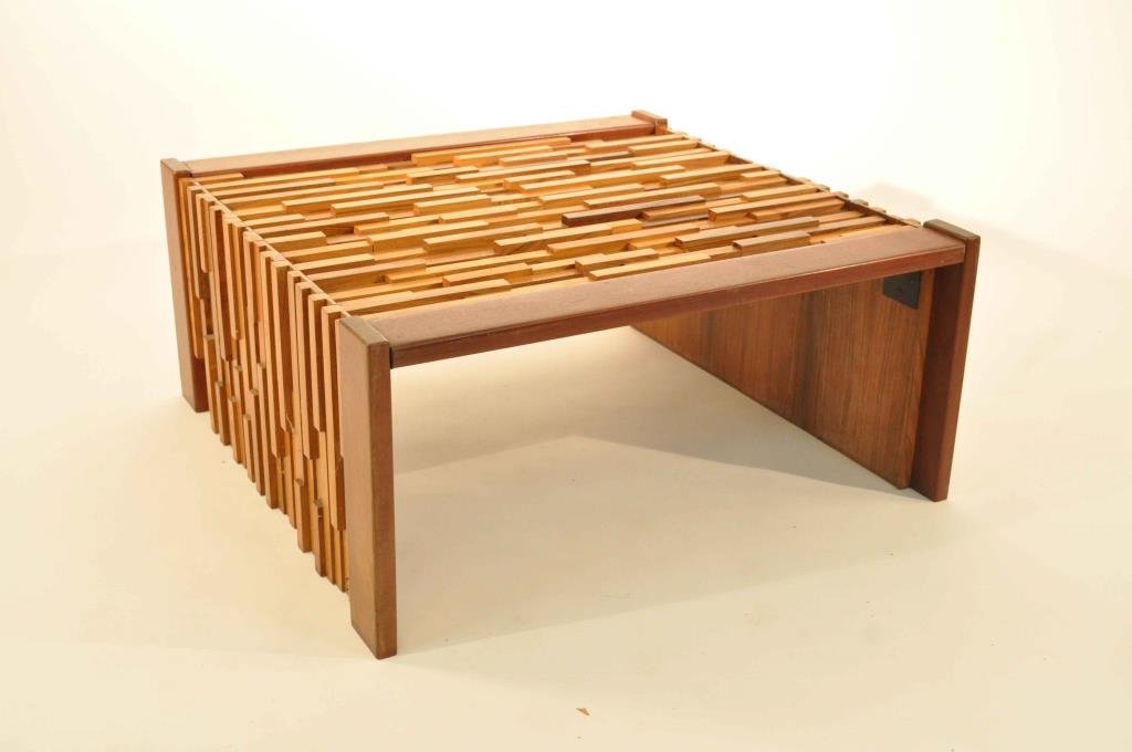 PERCIVAL LAFER COFFEE TABLE: Rosewood, Jaracanda, Mahogany, glass top. Sticker to bottom. Dimensions: H 13 1/2" x W 30 1/2" x D 30 1/2" Condition: good, no chips to glass