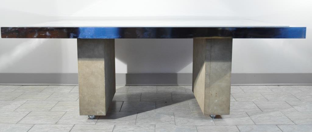 KARL SPRINGER STYLE SUEDE & CHROME DINING TABLE: Measures: 30" x 78" x 54" Condition: top is in good condition but for a crack to the silver edge (pictured), base has minor scratches