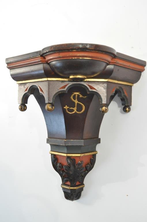 VICTORIAN CORBEL: Architectural corbel made with a family initial JS. Carved wood, painted & gilt. Dimensions: H 19.5 x W 7" x D16" Condition: good, some scuff marks & one of the gilt ball missing.