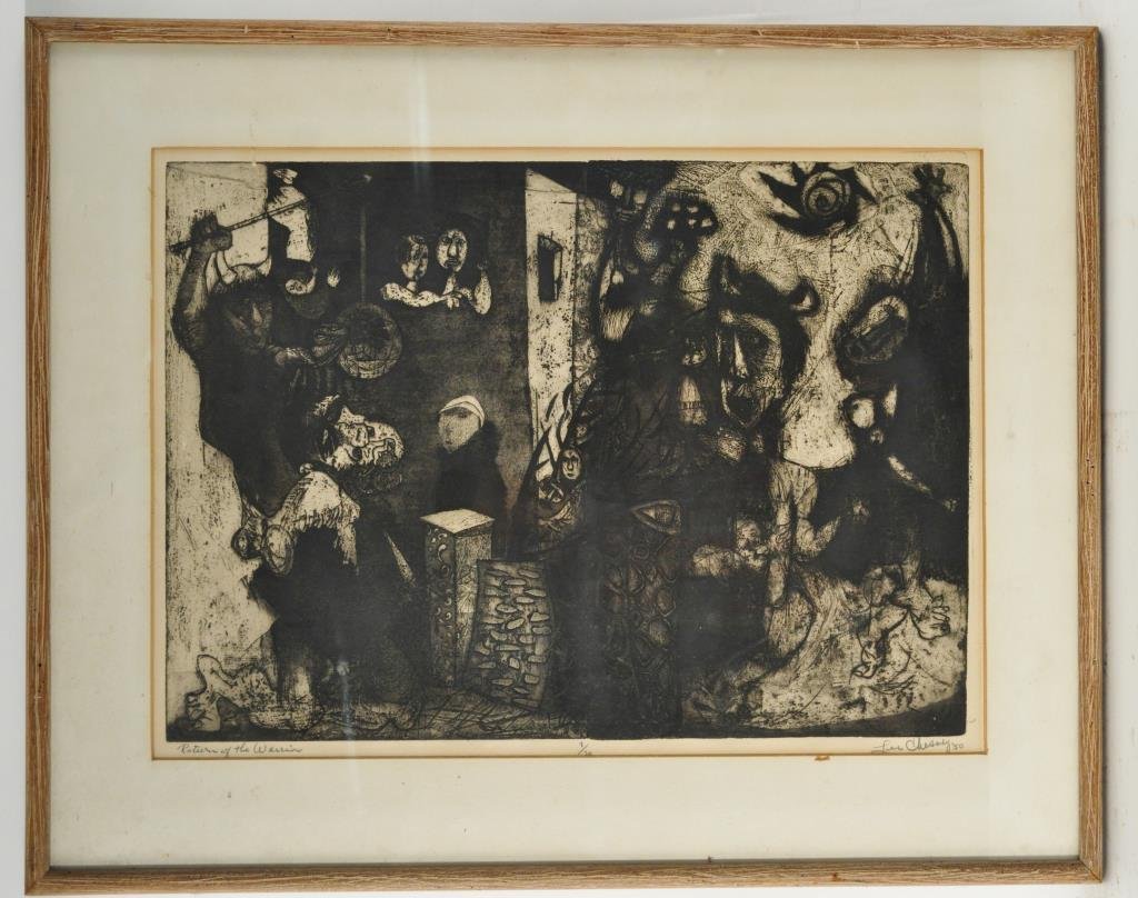 LEE R. CHESNEY (AMERICAN 1920 -: "RETURN OF THE WARRIOR", 1950 Mixed technique intaglio on paper, edition 7 /20 & signed lower right. Dimensions: frame H 20.5" x W 29" Condition: has mat stains