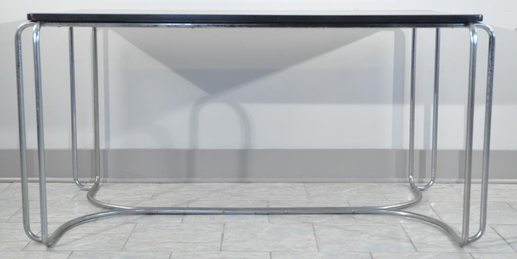 ATTRIB. WOLFGANG HOFFMANN AMER. DECO DINING TABLE: Attributed to Wolfgang Hoffman, with Howell Designs sticker to bottom, Measurements: 28.5" X 54" X 29.5" Table Top 28.5" X 57" X 34" Base measurement