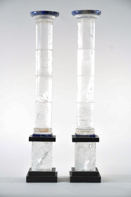 PAIR OF ROCK CRYSTAL & LAPIS OBELISKS: Dimensions: H 20" x W 3 1/2" x D 3 1/2" Condition: Good condition, some chips to corner edges