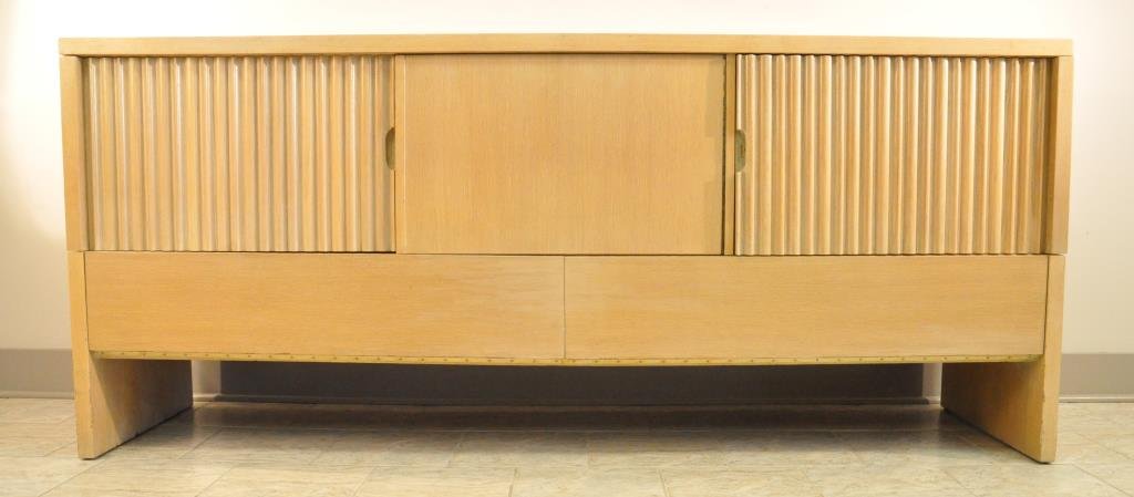 CONSOLE SIDEBOARD IN THE MANNER OF JAMES MONT: Unmarked Dimensions: H 36" x W 84 1/2" x D 15 1/2" Condition: good, some wear to edges and top from use, some areas with loss to finish