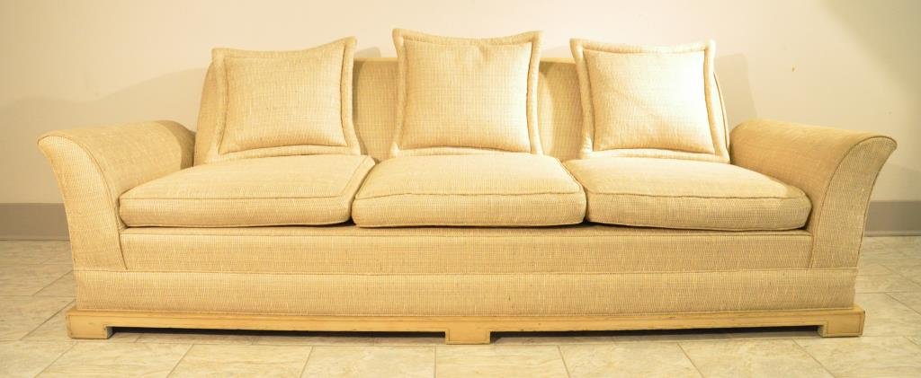 TOMMI PARZINGER SOFA: Unmarked Dimensions: H 27" x W 84" x D 30" Condition: some light wear to fabric and base from use, overall good condition