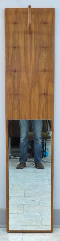 MID-CENTURY DANISH MIRROR AND COAT HANGER: Possibly by Kai Kristiansen, with Vildbjerg Mobelfabrik stamp to back Dimensions: 63" X 14" X 10" Condition: Good condition