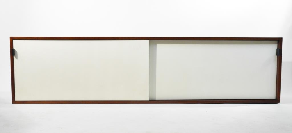 FLORENCE KNOLL FLOATING SIDEBOARD: Dimensions: H 18" x W 72" x D 15 1/2" Condition: overall good, some foreign coloring to inside of cabinet