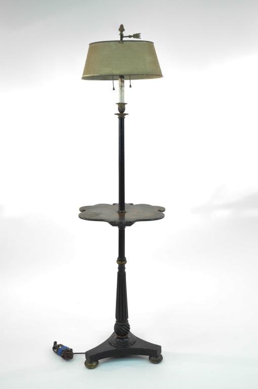 FRENCH TOLE PAINTED FLOOR LAMP: Beautifully painted table around a wood stem on a tripod base. Dimensions: H 56" x Diameter 15" Condition: some areas of loss to finish and paint, overall very good