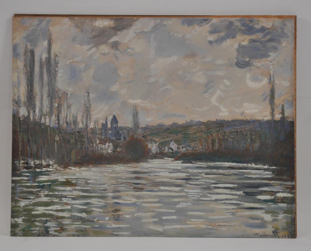 AFTER CLAUDE MONET LANDSCAPE: Untitled (landscape of Vetheuil ) 1881 Color print, stamped france on back Condition: fair Dimensions: H 14" x W 18", (frame): H 20 1/2" x W 24 1/2"