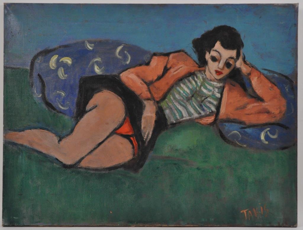 NICHOLAS TAKIS (AMERICAN 1903-1965): "Girl Relaxing" Oil on canvas, singed lower right Dimension: H 19" x W 25" Condition: good. Provenance: Arthur & Joe Robinson Collection, Harrison, New York.