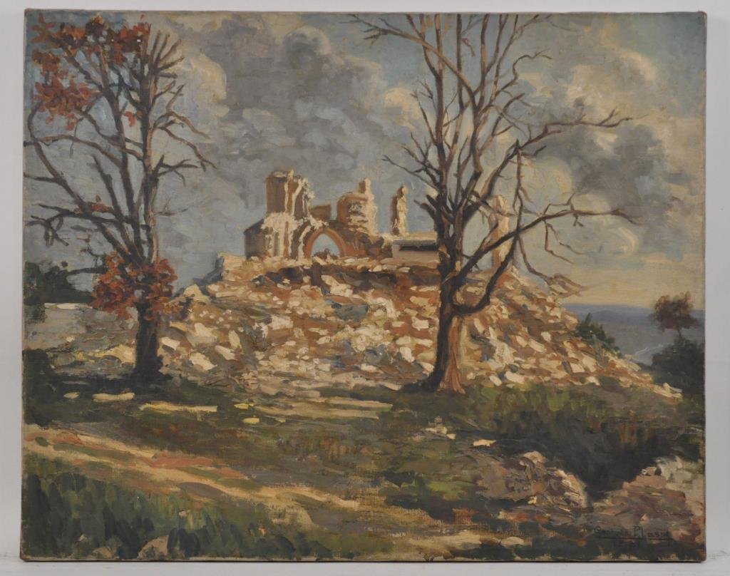 GEORGES PLASSE (FRENCH 1878 - 1948): Montfaucon and Kronprinz observation post,1921 Oil on canvas, signed lower right Dimension: H 22" x W 36" Condition: surface dirt Note: This painting is base on a color etching the artist executed in