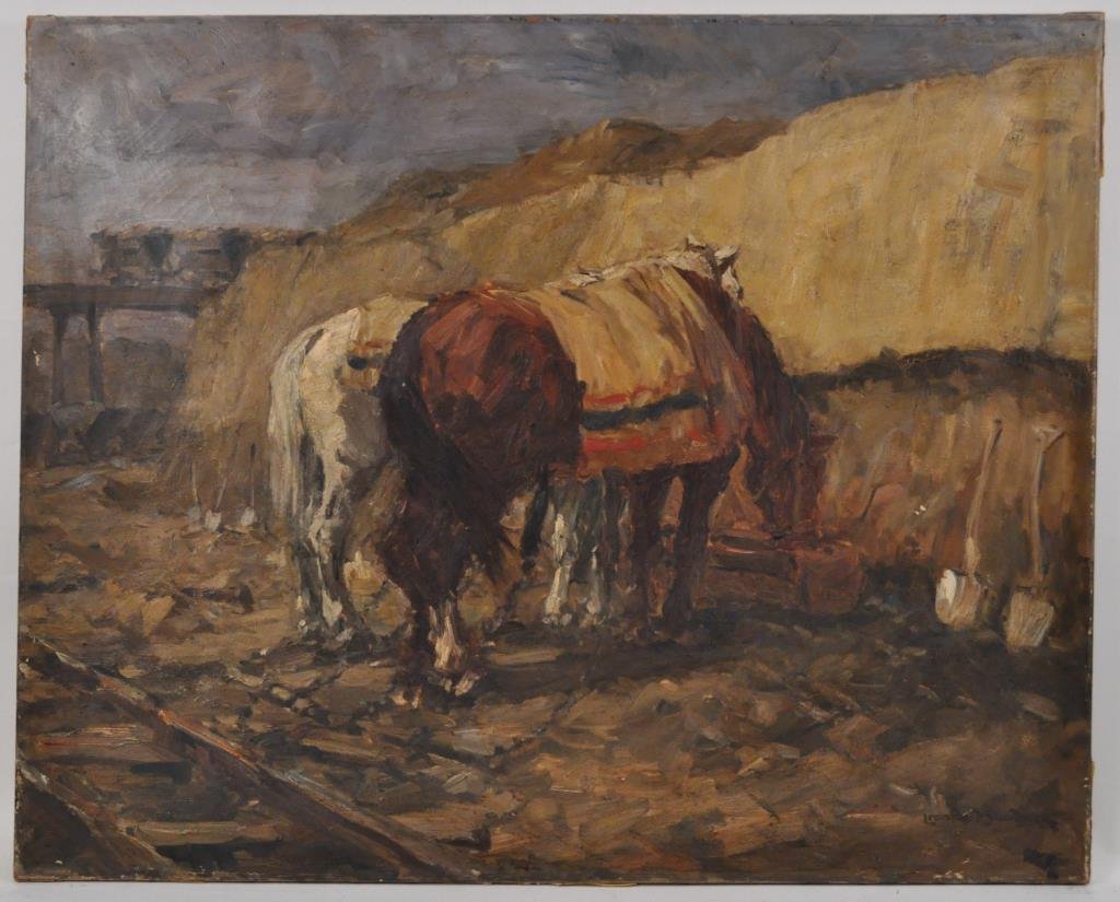 LEONHARD SANDROCK (GERMAN 1867-1945): Untitled (two horses eating hay), 1873 Oil on canvas, signed lower right LEONHARD SANDROCK Note: on the stretcher bar has a paper label on the back writing in German. Dimension: H 28.5" x W 35.5" Cond