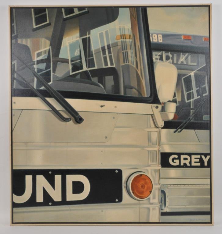 GARY MATTHEWS (20TH CENTURY) REALIST BUS PAINTING: Untitled (front right side of a bus) Oil on canvas, signed & dated lower right Dimensions: H 35 5/8" x W 32 5/8", (frame): H 36 3/4" x W 33 3/4" Condition: good, surface dirt.