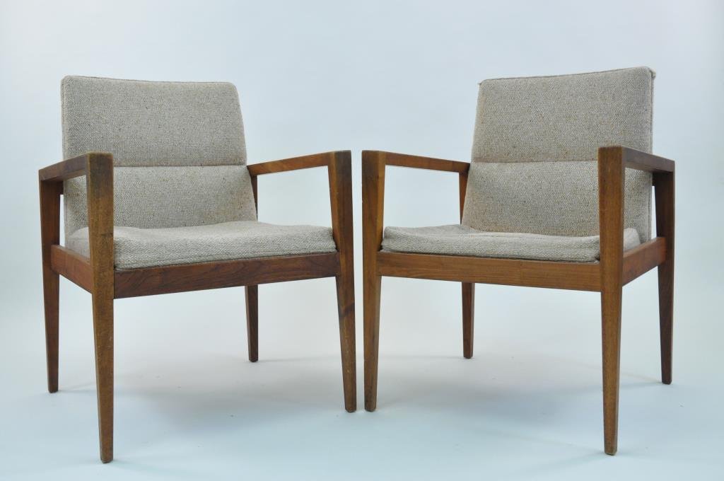 PAIR OF JENS RISOM CHAIRS: Dimensions: 33.5" X 24" X 24" Condition: Some very light surface scratches, cushioning is thicker in one, unmarked