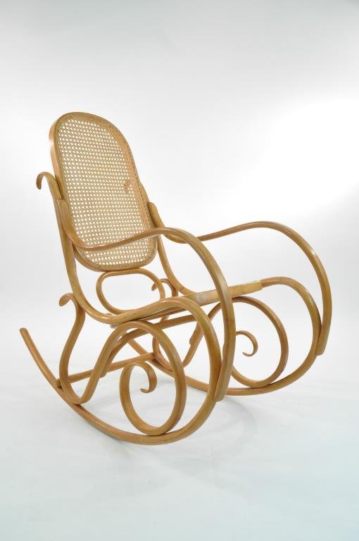 THONET BENTWOOD ROCKER: With cane seating, branded Thonet to back, ca 1960. Dimensions: H 41" x W 41" x D 19" Condition: caning is in very good shape, wood has some scuffs and shows a crack to a bottom stretcher, overall it 