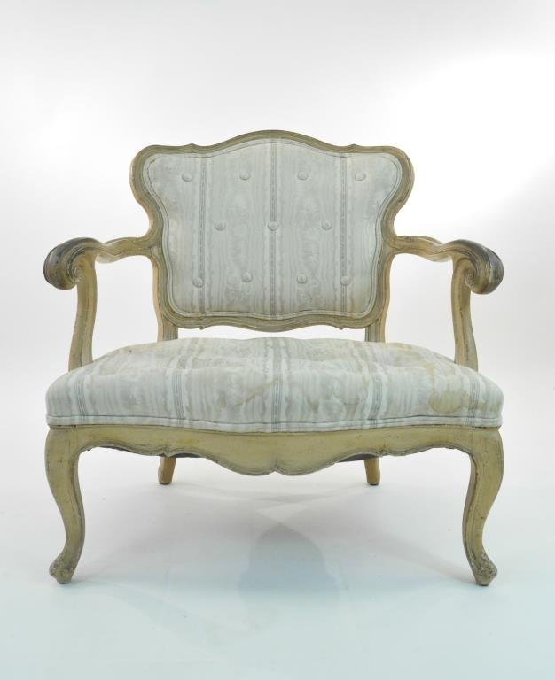 OVERSIZED FRENCH BERGERE CHAIR: Dimensions: H 33 1/2" x W 30" x D 23" Condition: stain on the upholstery, paint loss on top and the arms and surface dirt.