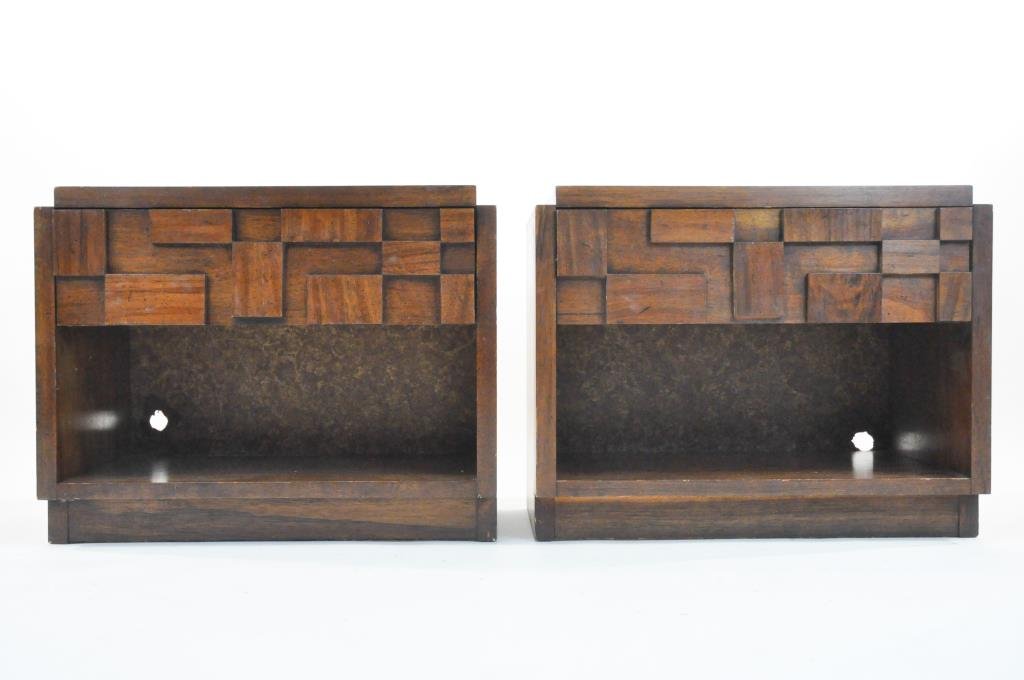 PAIR PAUL EVANS STYLE END TABLES: Lane Furniture Company mark to inside drawer Dimensions: H 22" x W 28" x D 18" Condition: Wear to top and edges, some surface scratches