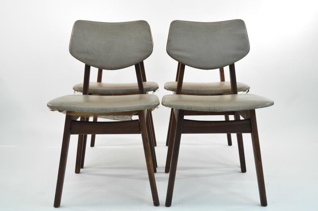 4 JENS RISOM ROSEWOOD DINING CHAIRS: Rosewood, marked to bottom. Dimensions: H 32" x W 20 3/4" x D 18 1/2" Condition: wear to vinyl on all, frames are structurally sound and in good condition