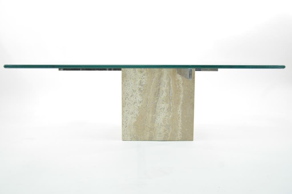 ARTEDI ITALIAN MARBLE & GLASS COFFEE TABLE: Travertine base with polished chrome supports under a beveled glass top, unsigned, ca 1980s Dimensions: H 15 1/2" x W 39" x D 39" Condition: overall very good, one small fleck chip to side of glass to