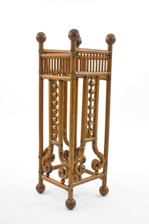 STICK AND BALL UMBRELLA STAND: Dimensions: H 27 1/4 x W 9 1/2" x D 9 1/2" Condition: overall very good, looks to be refinished