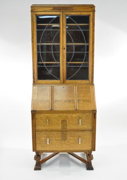 ENGLISH ART DECO SECRETARY DESK W/ CABINET: Marked CWS LTD- Cabinet Factory - Radcliffe to back Dimensions: H 78" x W 30" x D 19" Condition: Overall very good antique condition, some areas of chipping to top of base
