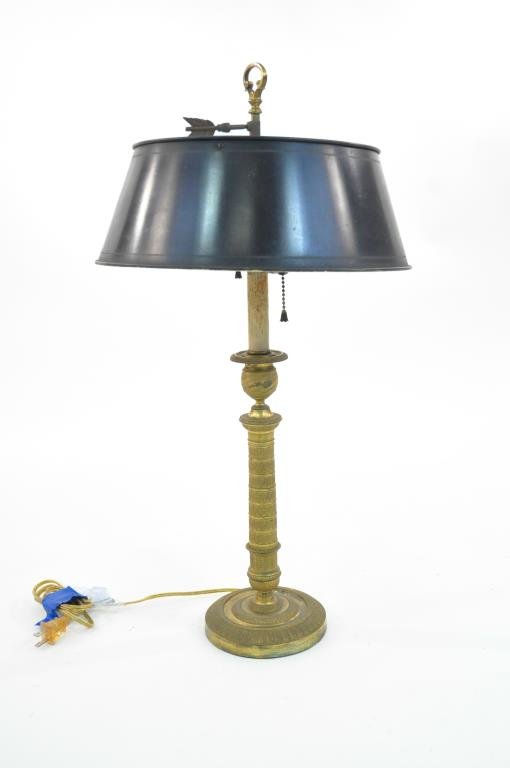 FRENCH BOUILLOTTE TABLE LAMP: Dimensions: H 24" x Diameter 13" Condition: good, has paint loss inside of the shade, fading to the guilt base on the candle holder.