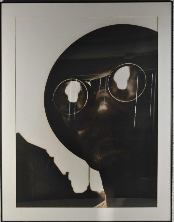 LARGE PHOTO MAN WATCHING ATOMIC BLAST: Condition: some scuffing to plexiglass Dimensions (frame): W 35" x H 45"