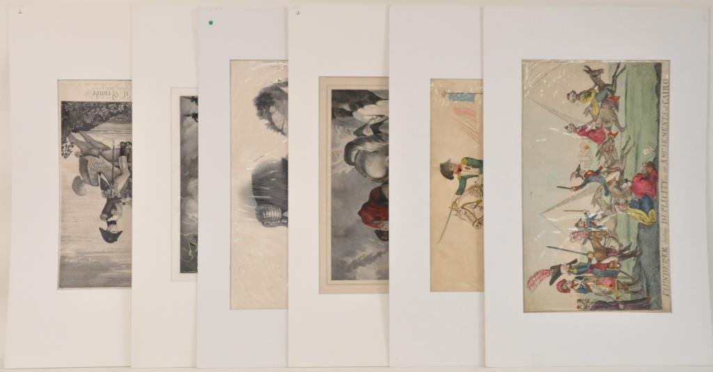 A GROUP OF SIX NAPOLEON PRINTS: Hand Color Engravings & Lithographs 1. Napoleon colored etched caricature, Plunderer beating Duplicity- or- Amusements at Cairo 9x15.5w Hand Colored Woodblock Broadsides, Jean Charles Pellerin pub. 19