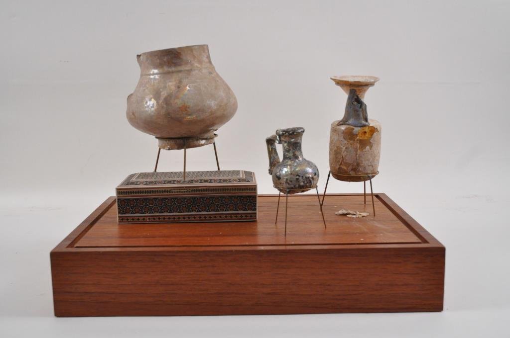 MIDDLE EASTERN GLASS GROUPING: Dimensions: Large 5" X 5.5", Medium 5" X 2.75", Small 3" X 2.25 Condition: 1" hole to side of one pitcher, chipping to top rim of footed bowl