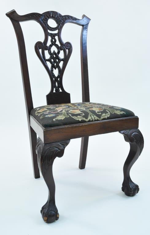 ANTIQUE CARVED MAHOGANY SIDE CHAIR: Dimensions: 41" X 23" X 19" Condition: Some wear to corners, edges, and feet: Structurally sound