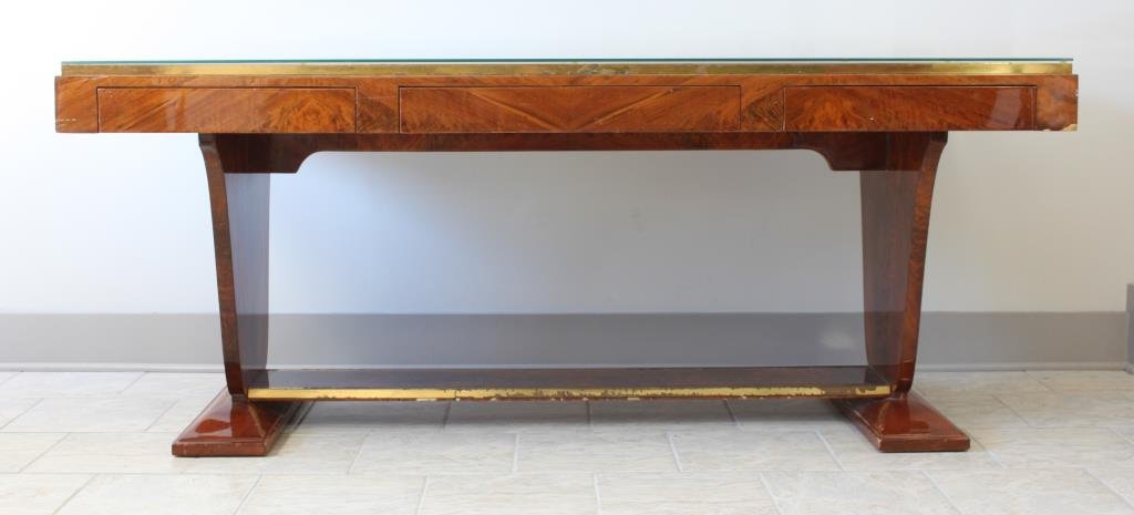 ART DECO TABLE W/ 3 DRAWERS ATTR. DONALD DESKEY: Supposedly Removed from the Paramount Theatre in Rockefeller center around 1967 The Paramount Theater, with a seating capacity of 3664 before it closed in 1967. It was built in 1927. Condition: Great,