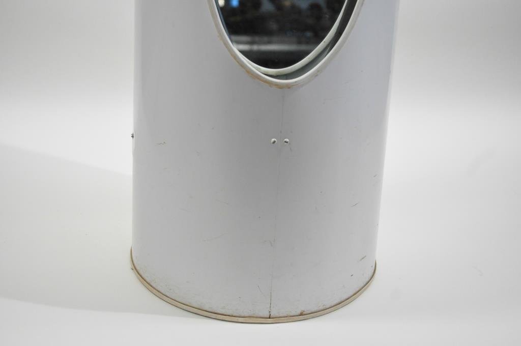 ROGER LECAL MID-CENTURY "LIPSTICK" MIRROR: Ca 1969 for Charbrieres, with white powder coated finish Dimensions: H 69" x Diameter 13" Condition: good, one small dent on side wall occurring in a loss of paint