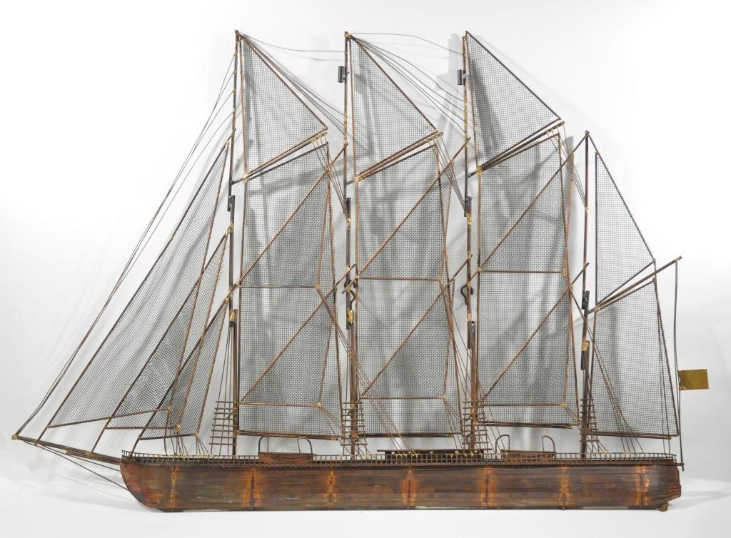 CURTIS JERE SAILBOAT WALL SCULPTURE: Signed C. Jere 1975 on bottom right. Dimension: H 30" X W 44" Condition: Good, missing flags.