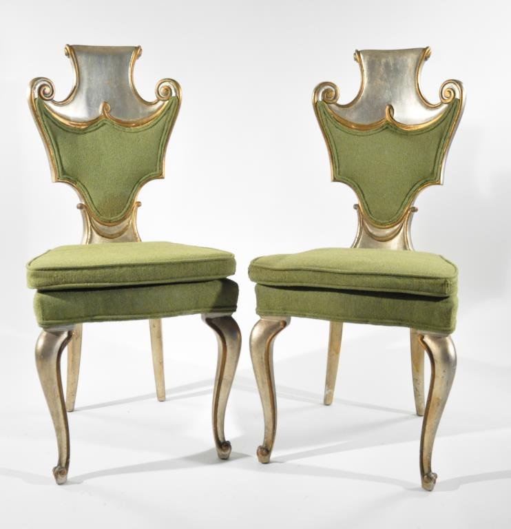 PAIR OF GROSFELD HOUSE STYLE SILVER CHAIRS: Dimensions: H 42" x W 21" x D 22" Condition: overall very good, some small losses to paint, structurally sound, cushions are good