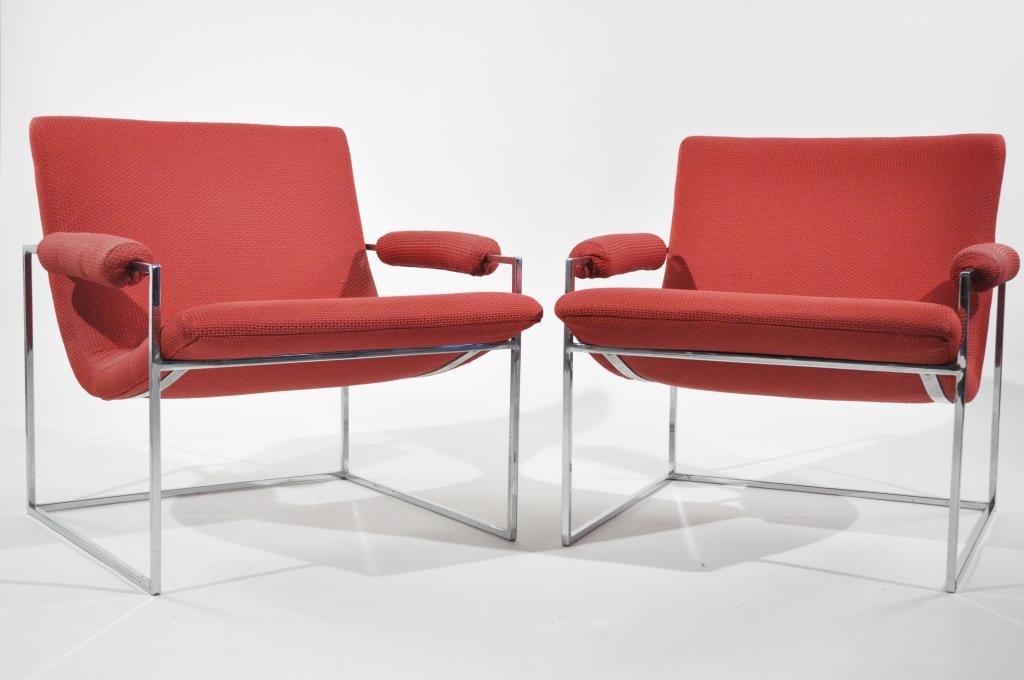 PAIR OF MILO BAUGHMAN LOUNGE CHAIRS: For Thayer Coggin Dimensions: H 26 1/2" x W 26 1/2" x D 26 1/2" Condition: overall very good, wonderful appearance, some pitting to chrome and wear to threading on the top, a weld point (repair) to fr