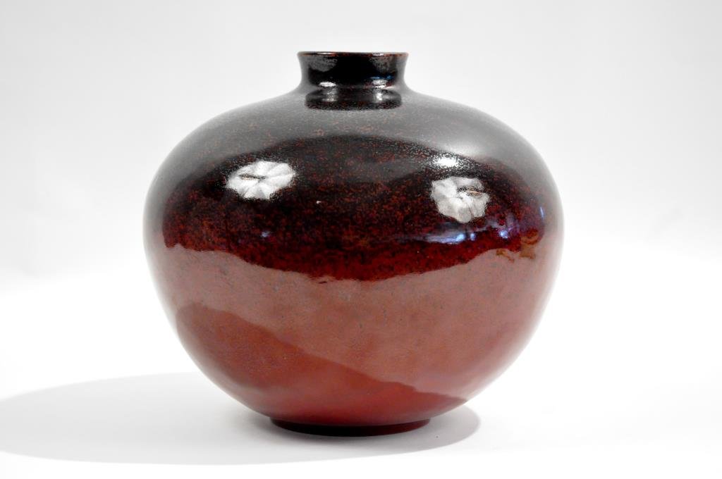 MID-CENTURY MARCELLO FANTONI VASE: Stoneware vase, Sang de Boeuf glaze, ca 1950s, signed to bottom Dimensions: H 7 1/2" x Diameter 7 1/2" Condition: good