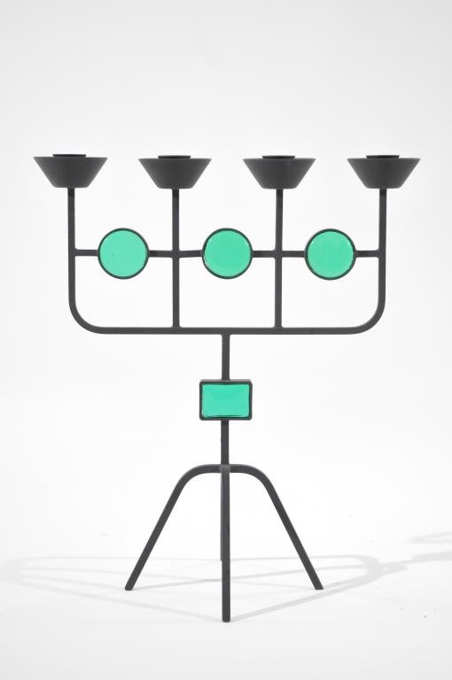 GUNNAR ANDAR YSTAD METAL CANDLE HOLDER: Of wrought iron and art glass formed into 4 pedestals Dimensions: H 13" x W 11 1/2" x D 6" Condition: very good