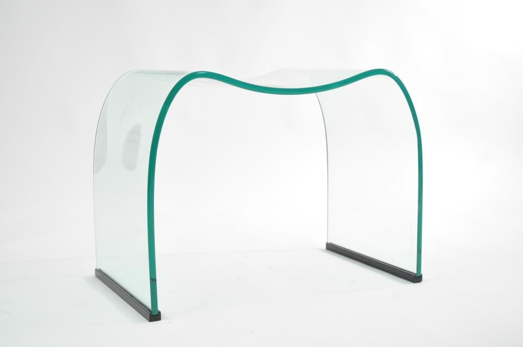 FIAM STYLE GLASS STOOL: In the style of Cini Boeri Dimension: H 17" X W 22" X D 13 1/2" Condition: good, a small flea bite to one edge
