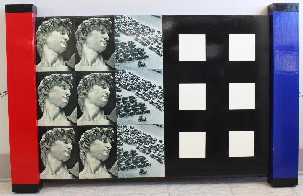 RANDOLFO ROCHA (BRAZILIAN 20TH CENTURY): Titled: "LOCK STEP", 1988 Acrylic on wood & paper Dimension: H 35" x W 54.5 Label on the back: STUX GALLERY, N.Y.C Provenance: From the collection of Marty Edelston, founder Bottom Line Publications I