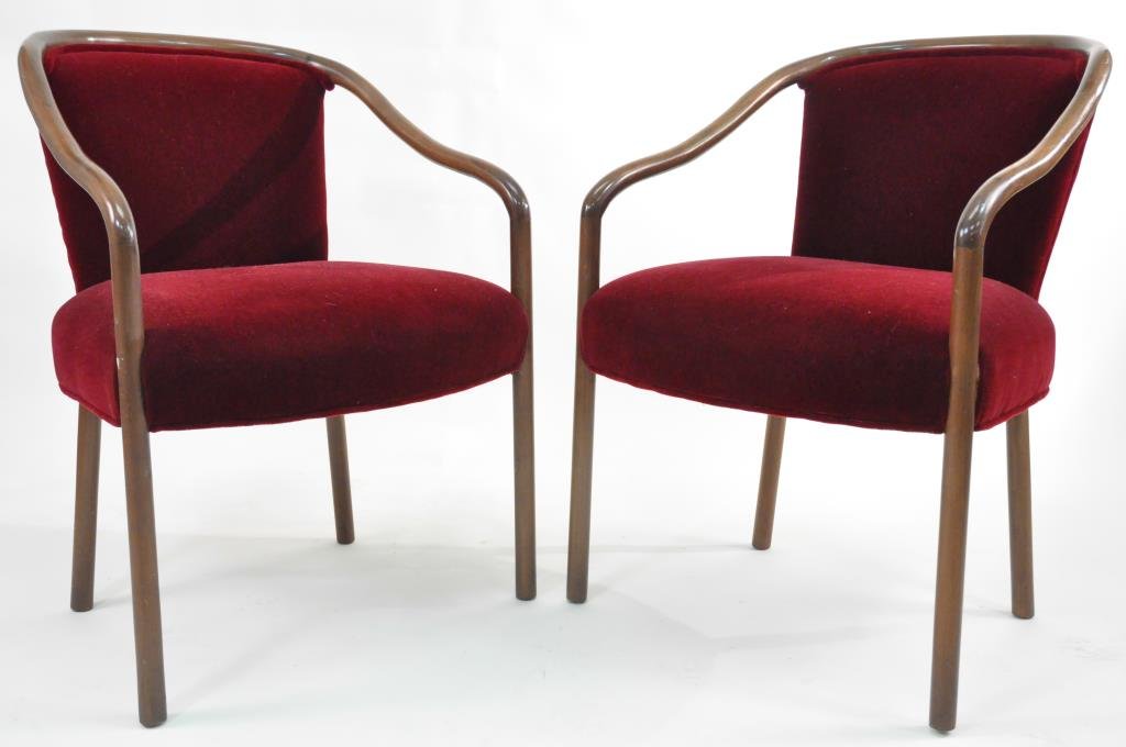 PAIR OF WARD BENNETT CHAIRS: In red mohair fabric, unmarked Dimensions: H 32" x W 24" x D 26" Condition: some light wear to arms and finish, upholstery in great shape
