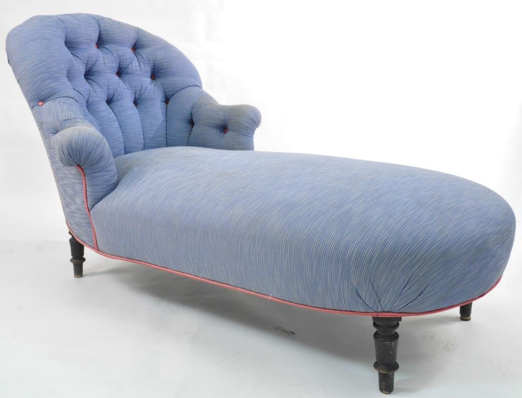 FRENCH NAPOLEON III CHAISE LOUNGE: Dimensions: H 36' x W 66" x D 34" Condition: light wear to fabric on arms, otherwise fine condition, very light wear to antique legs