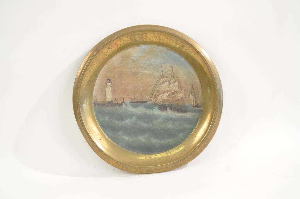 BRASS STOVE COVER FOLK ART PAINTING: Artist Amelia Frost- Smith Untitled (light house with three different sailing ships) Brass and Dimensions: 10" dia Condition: good