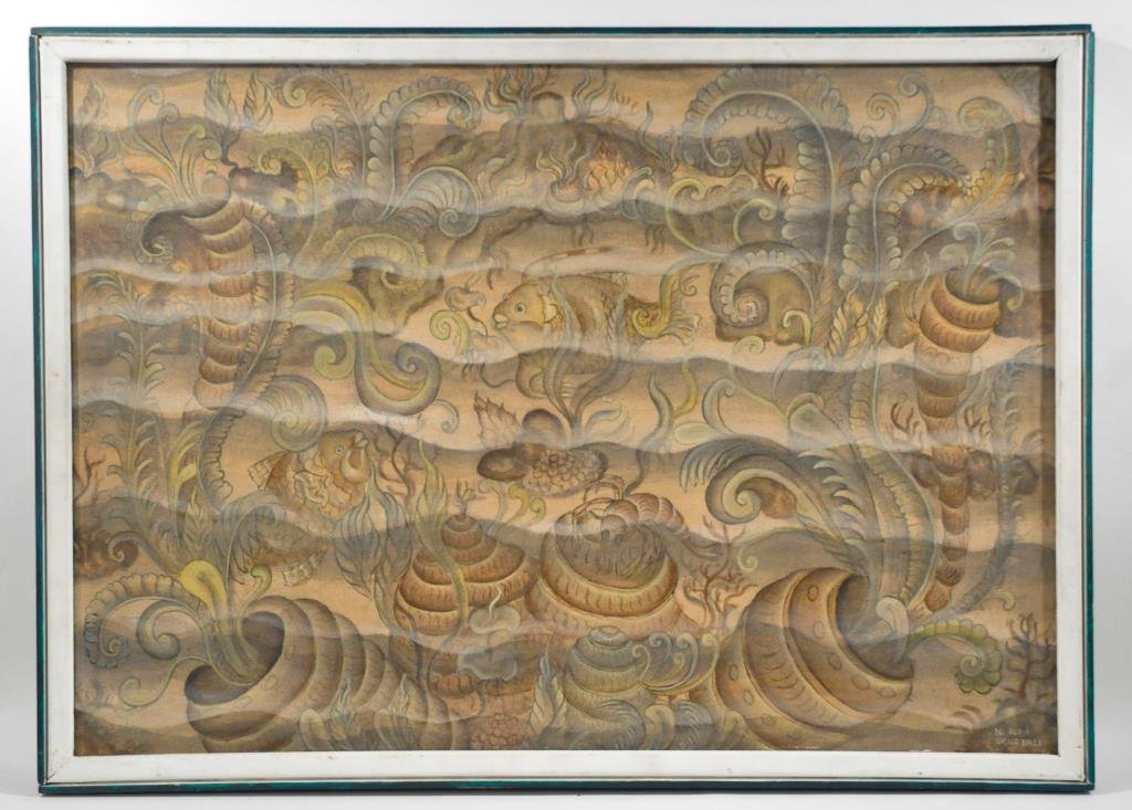 N D.RODJI (BALINESE 20TH CENTUERY): Untitled ( fantasy seascape) Oil on canvas, signed lower right Dimensions: framed H 22 3/4" x W 31" ,canvas H 30" x 21 1/2" Condition: good