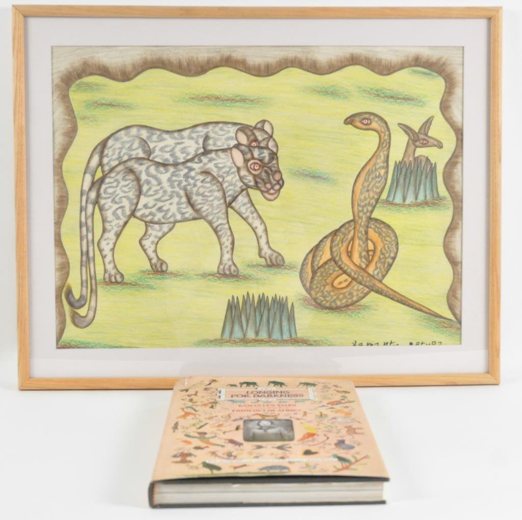 KAMANTE GATURA (KENYA 1912- 1985): Untitled ( two cheetahs, python, ?) Color pencil and crayon on paper With book "Longing for Darkness- Kamantes Tales From Out of Africa" by Peter Beard Dimensions (frame): H 18 1/2" x W 23 1/2", (sigh