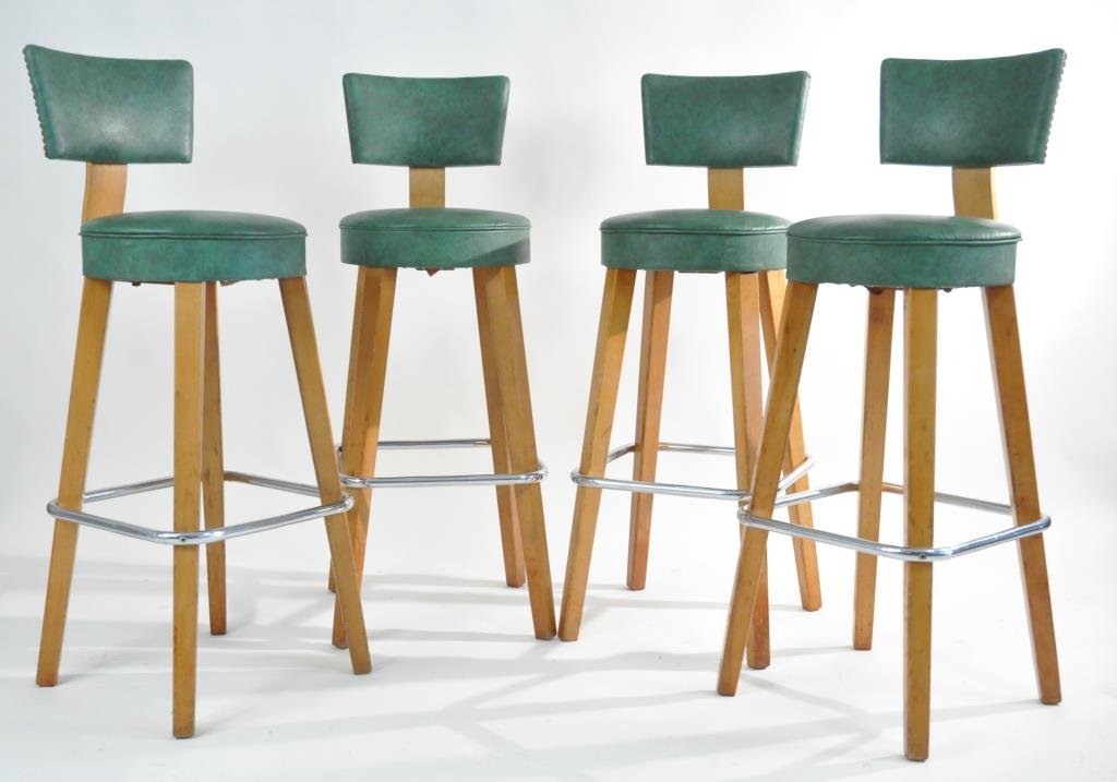 4 MID-CENTURY THONET BARSTOOLS: With MFG labels to bottom Dimensions: H 41" x W 16" x D 16" Condition: nice set, some scuffing and wear to wood at edges and around foot rest