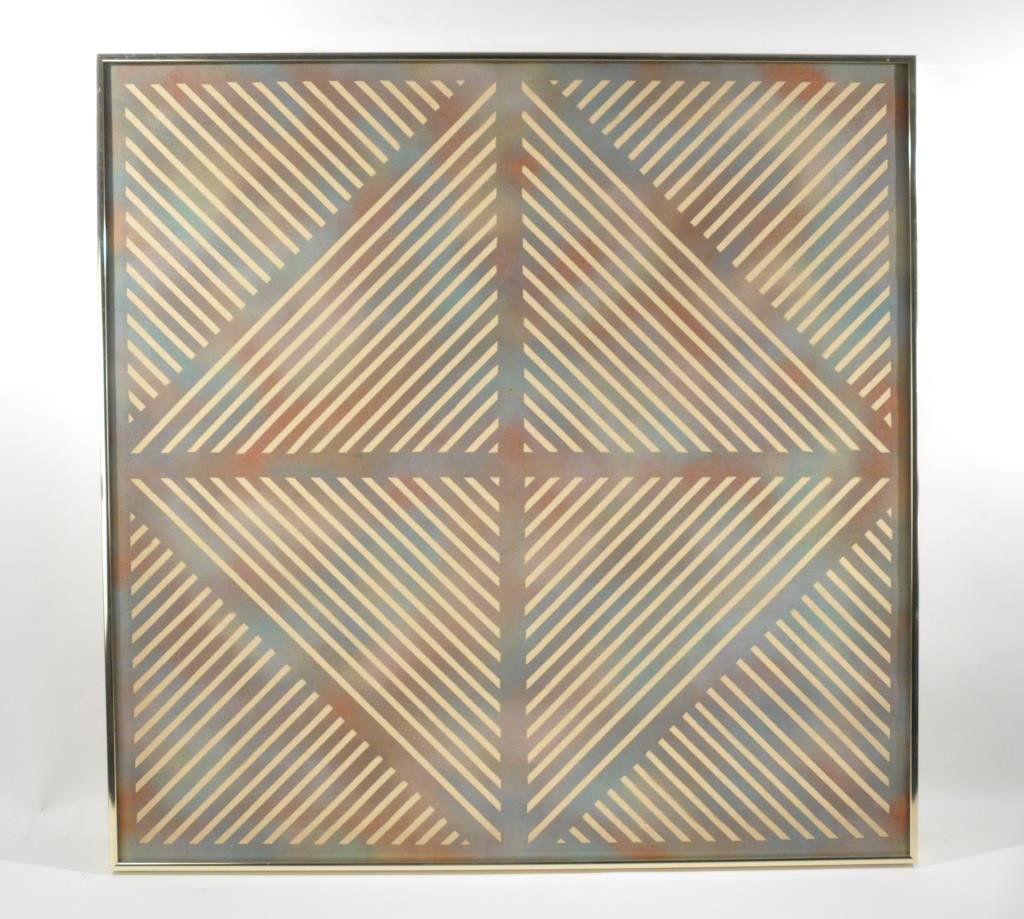 CAROLE-LEE SIMONE (20TH/21ST CENTURY ): Vibrating Triangles and Squares Enamel on canvas Dimensions: H32" x W32" Condition: good