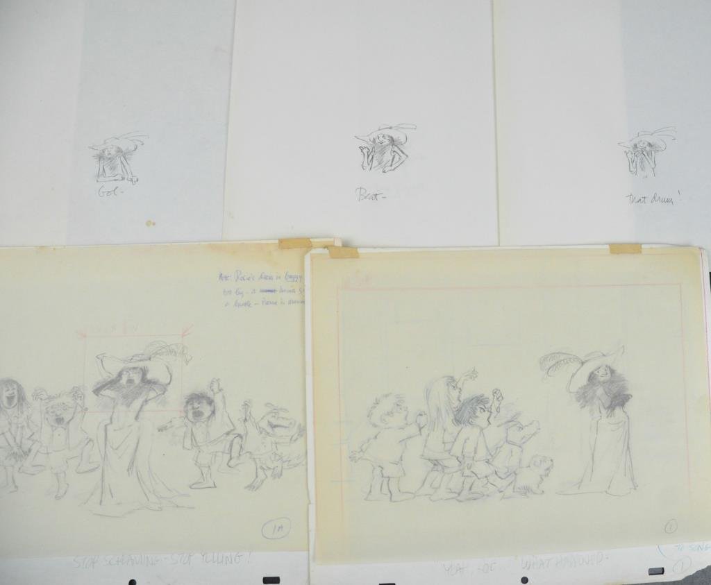 MAURICE SENDAK ORIGINAL "REALLY ROSIE" DRAWINGS: 19 original pencil character illustrations by Maurice Sendak for the story "Really Rosie" as well as other printed illustrations for the storyboard. Lot also includes a signed copy of the book inscrib