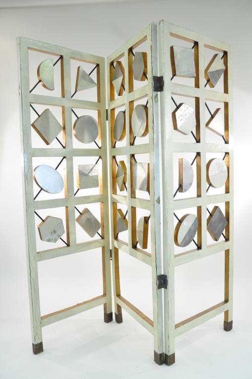 MID-CENTURY FOLDING SCREEN: In the manner of Eileen Gray Dimensions: H 72" x W 72" x D 1 1/2" Condition: Cracking and losses to paint, lifting of veneer to bottom