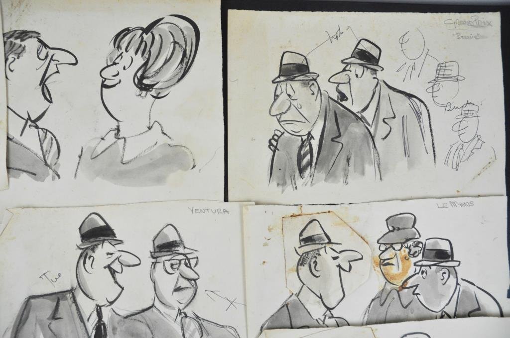 ORIGINAL FRANK MODELL ILLUSTRATIONS: Group of 7 original Frank Modell sketches. Mr. Modell was a famed New Yorker cartoonist. Watercolor, all on paper. Dimensions: H 9 3/4" x W 11" Condition: some foxing and dirt to all Provenance: From