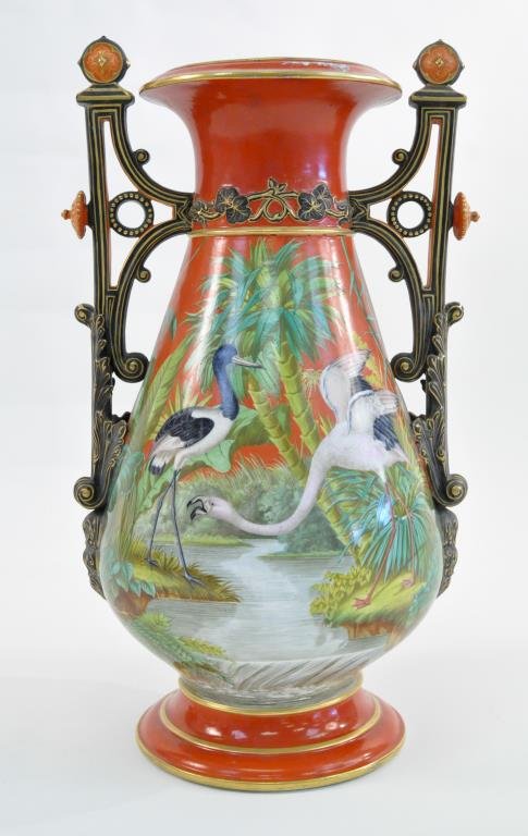 19TH CENTURY FRENCH OLD PARIS AESTHETIC VASE: Likely made for an exhibition piece, of tapering form, finely painted with a flamingo and a crane standing in a pond among large fronds, flanked by pierced upright bracket handles. Dimensions: H 21.25